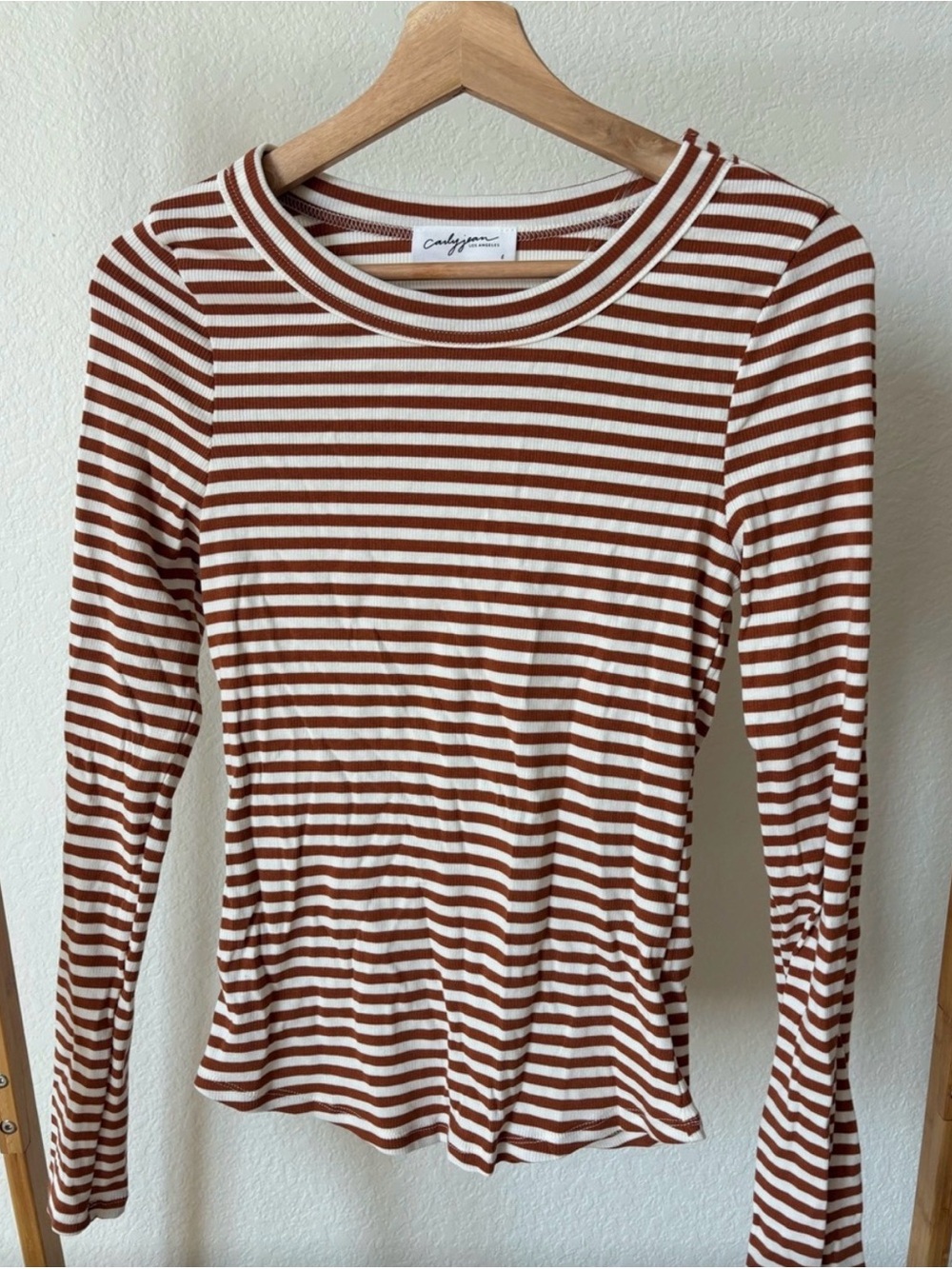Carly Jean Los Angeles Striped Long Sleeve Tee in Reddish Brown and White